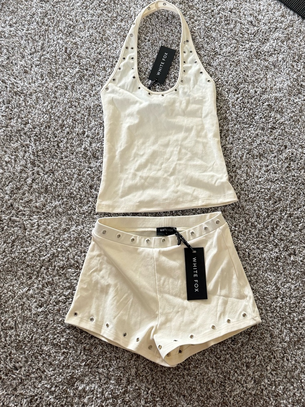 White Fox Boutique Cream Eyelet-Trim Tank & Short Lounge Set - Picture 2 of 5